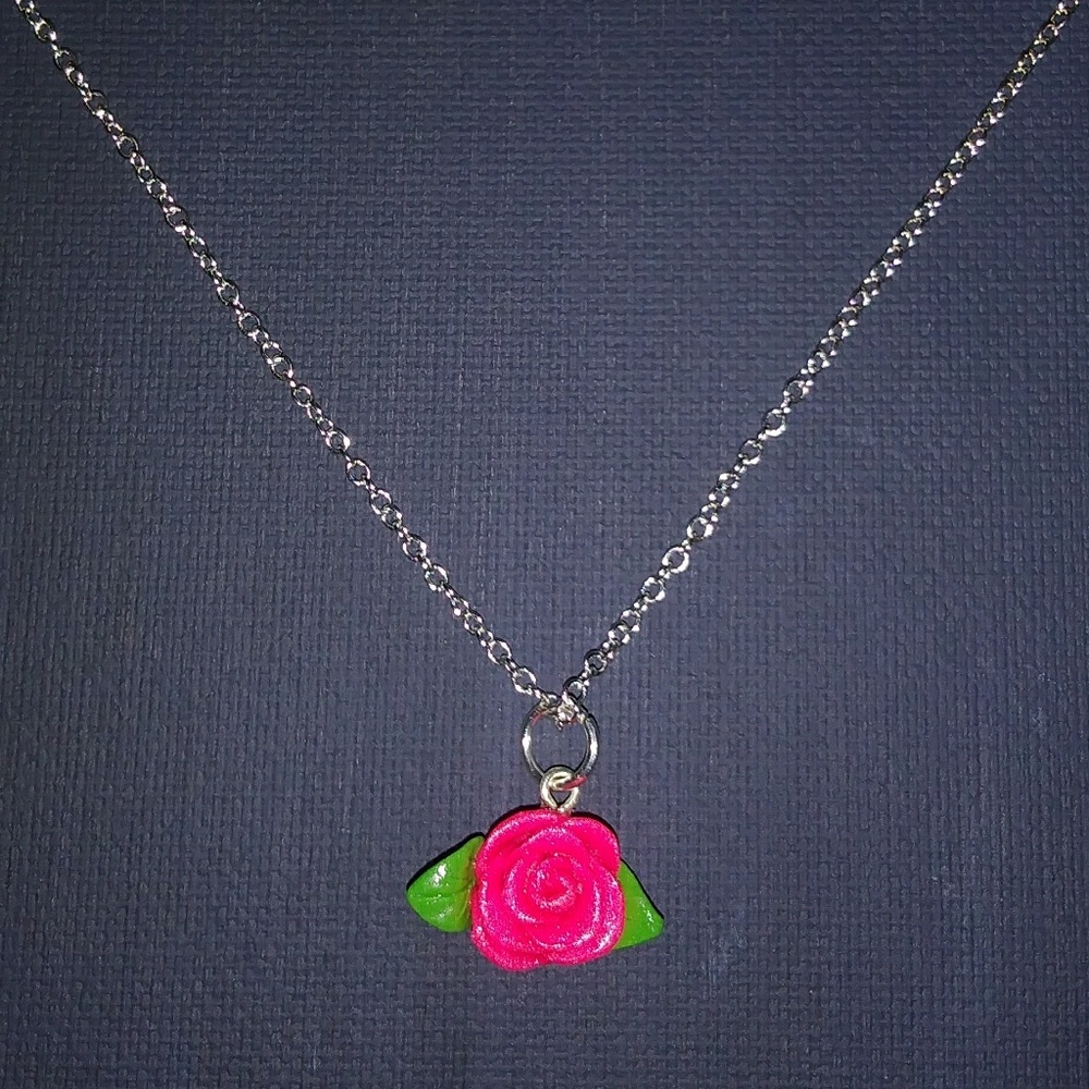 Polymer Clay Pink Rose Charm Necklace